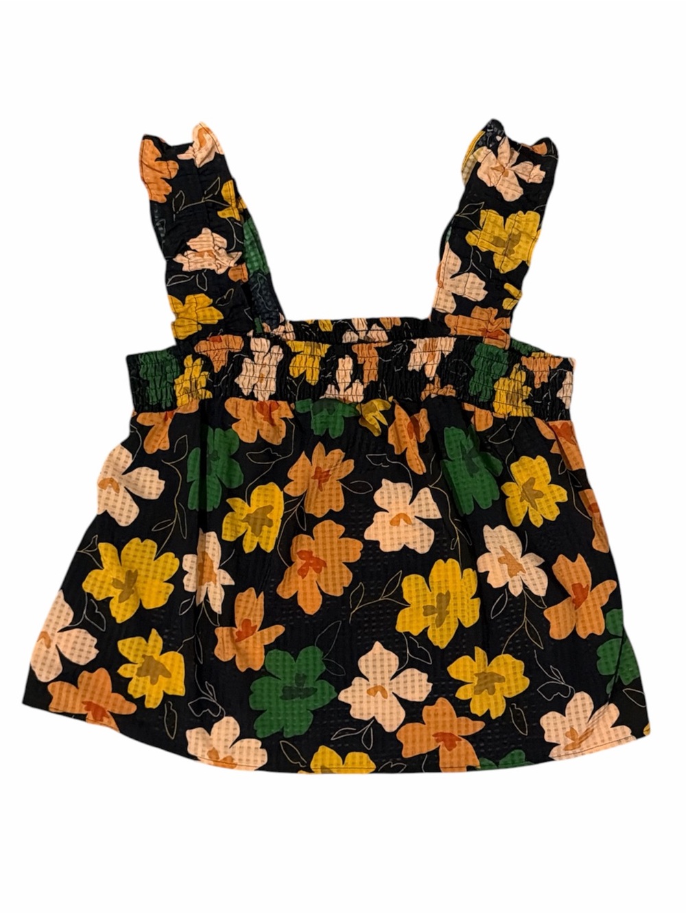 WHO WHAT WEAR Floral Smocked Tank Top - Black with Yellow, Green & Peach Flowers